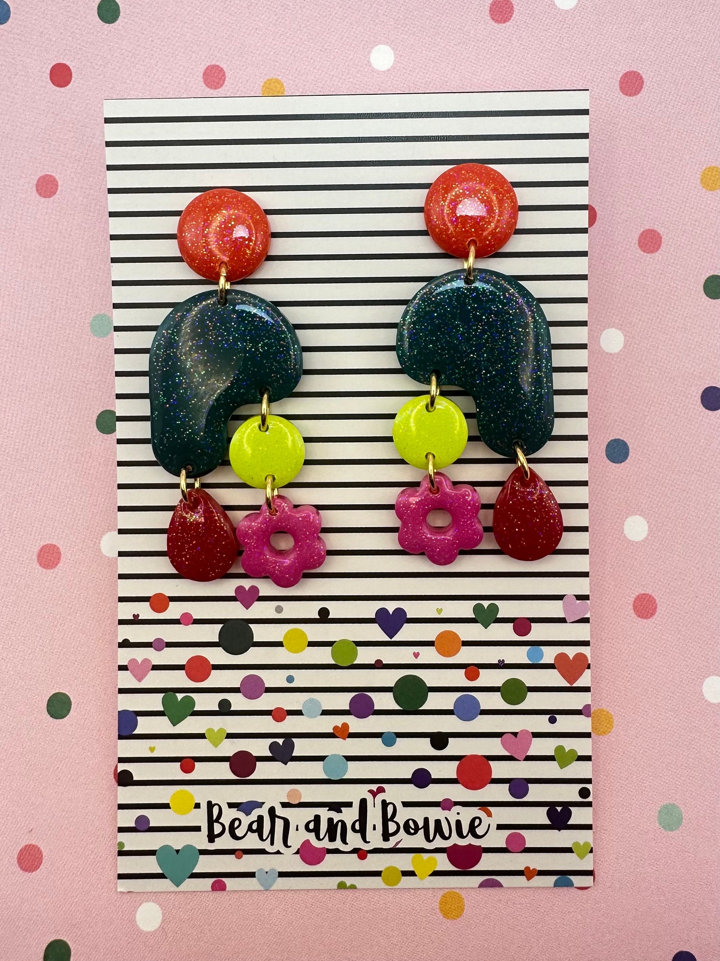 Colorful Multi-Shape Dangle Earrings - Orange, Teal, Green, Pink, Red