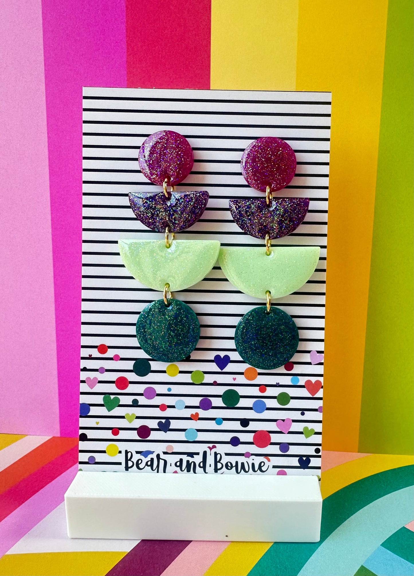 Geometric Statement Earrings - Magenta, Purple, Green and Teal