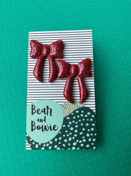 Red Glitter Bow Statement Stud