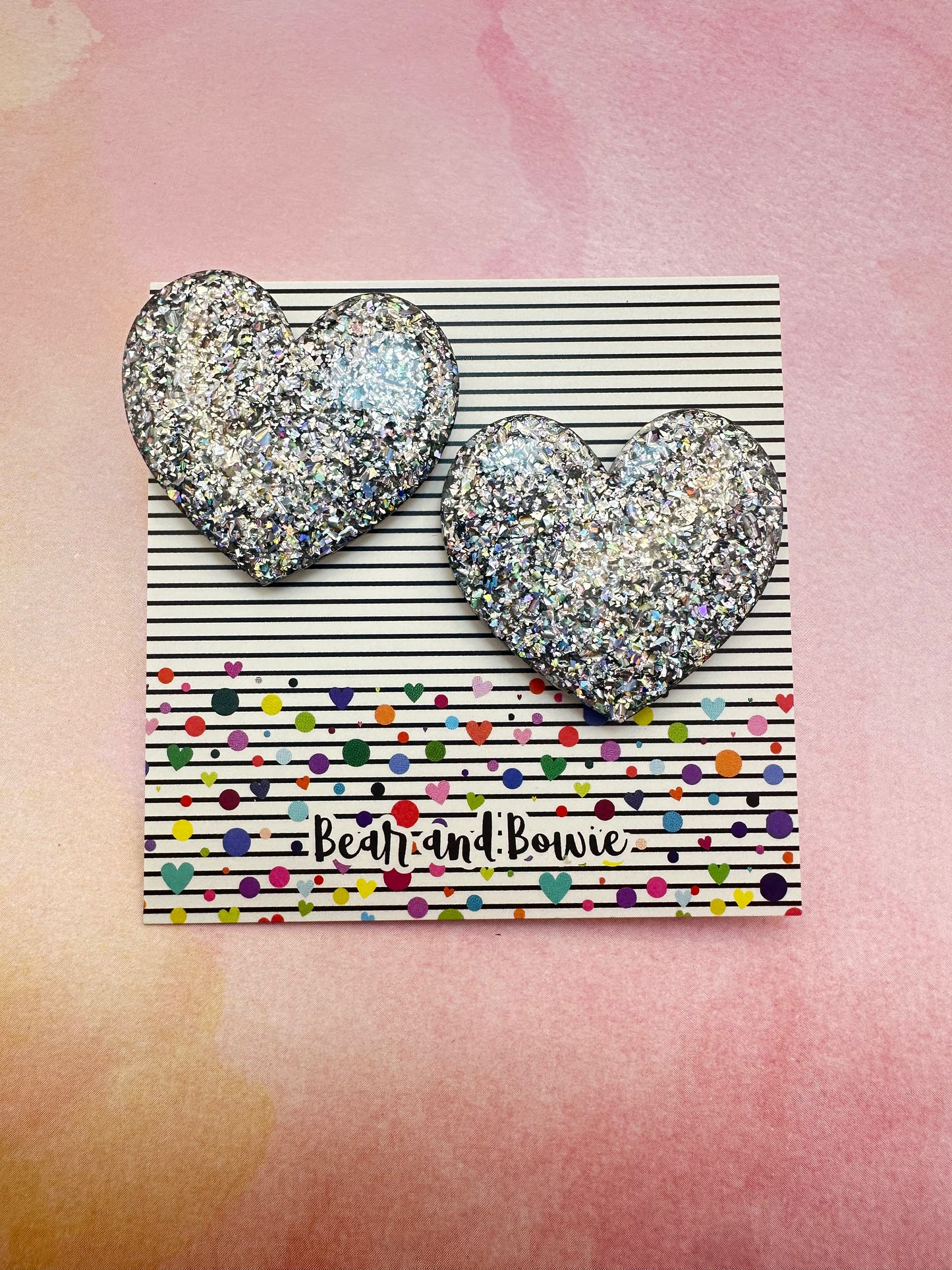Silver Glitter Oversized Heart Stud Earrings