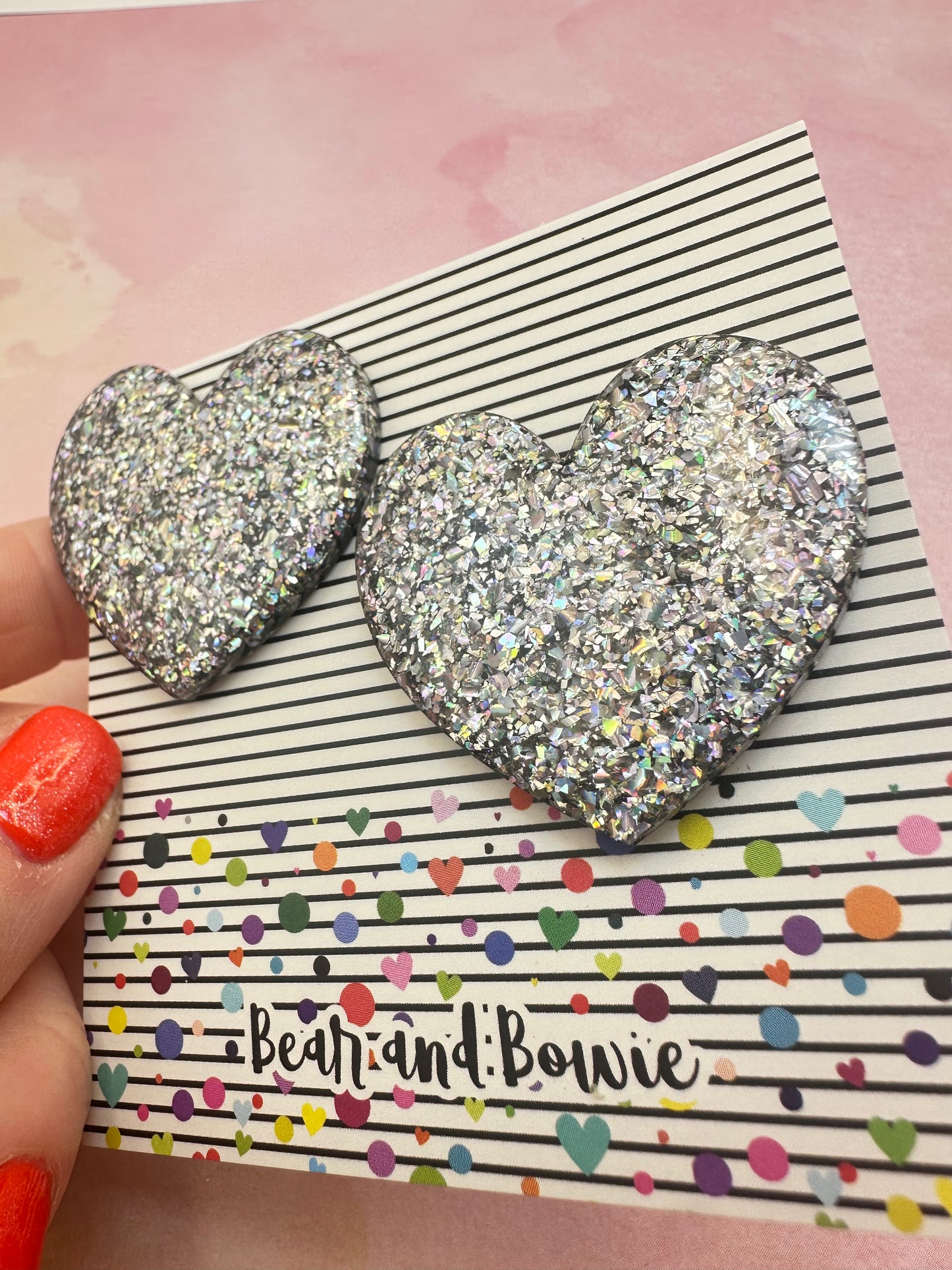 Silver Glitter Oversized Heart Stud Earrings