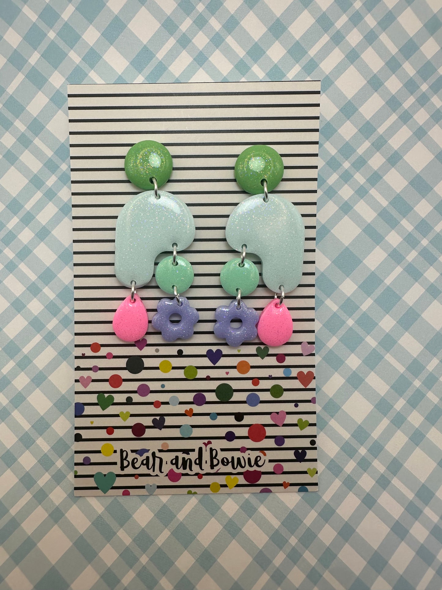 Colorful Multi-Shape Dangle Earrings - Pastel Blue, Pink, Green and Purple