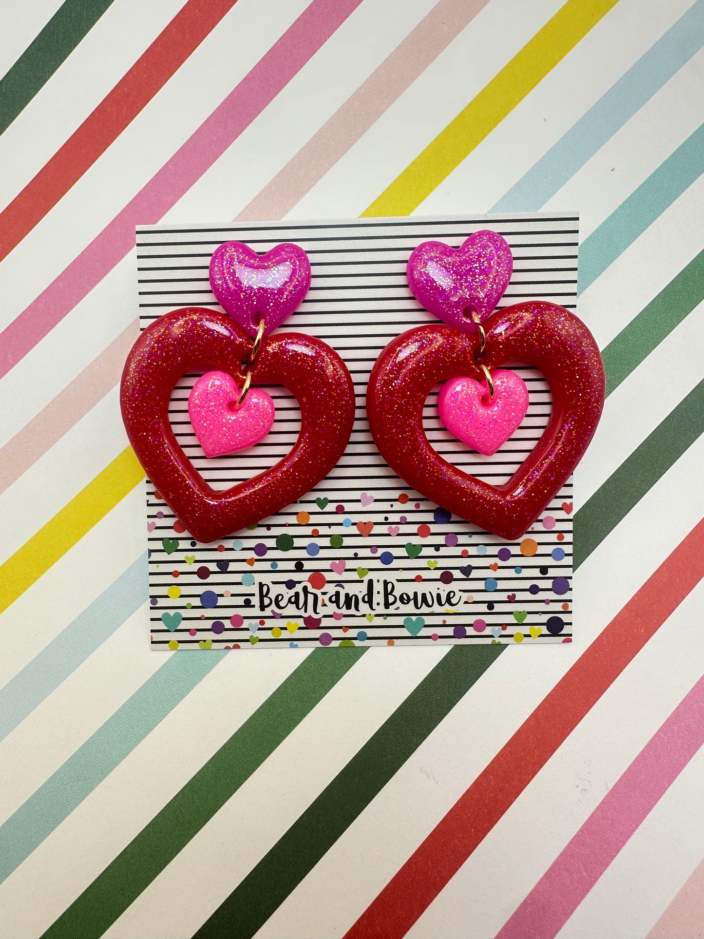 Pink and Red Triple Heart Earrings