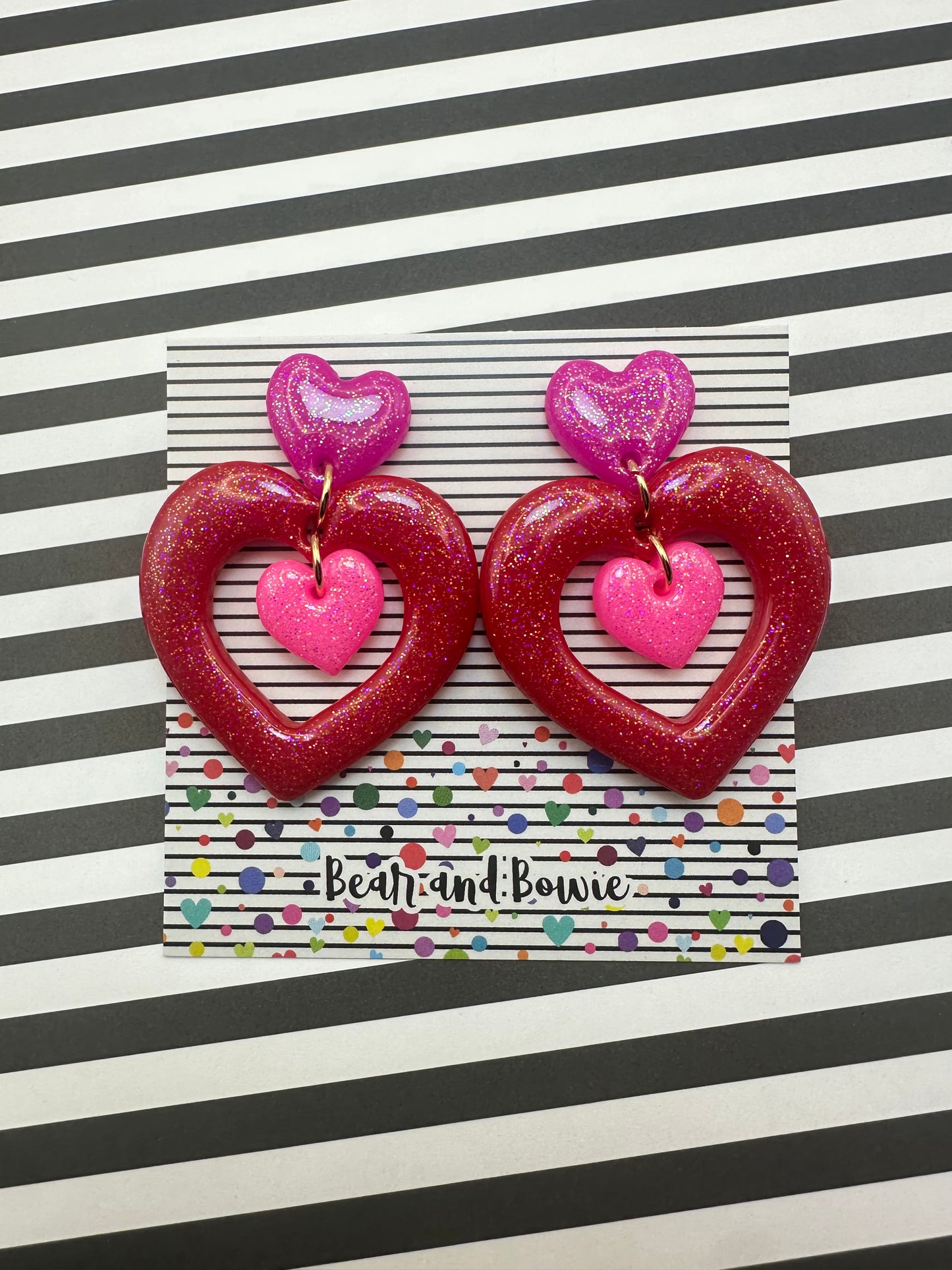 Pink and Red Triple Heart Earrings