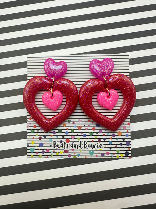 Pink and Red Triple Heart Earrings