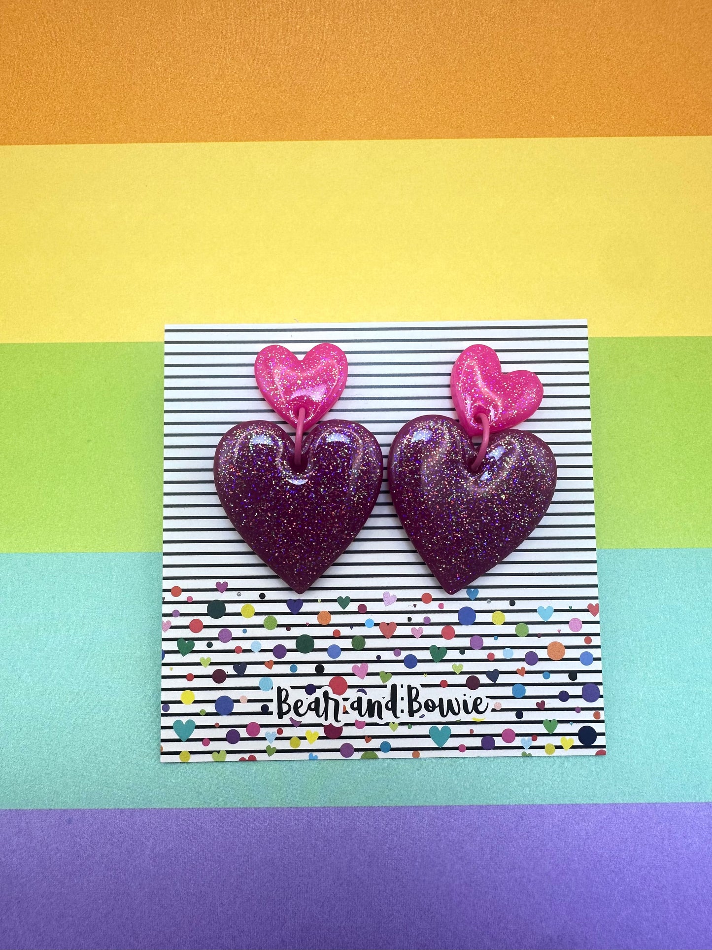 Pink and Dark Magenta Double Heart Earrings