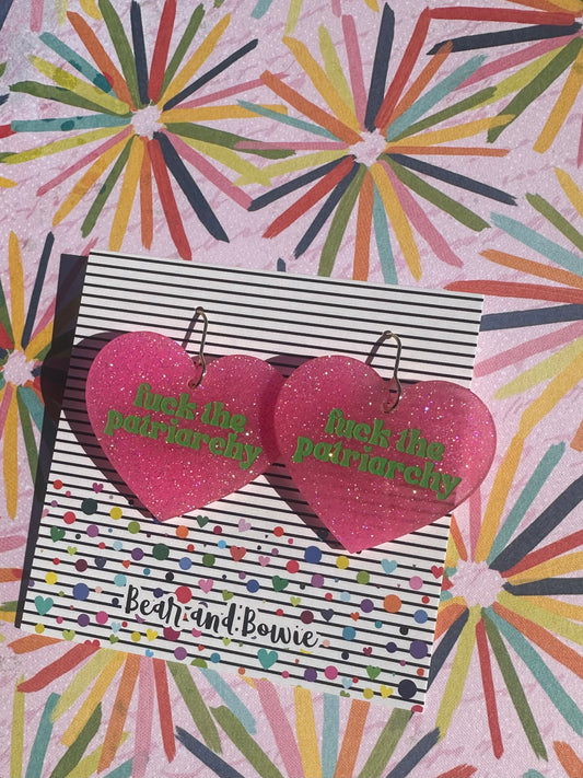 Pink and Green Fuck the Patriarchy Earrings