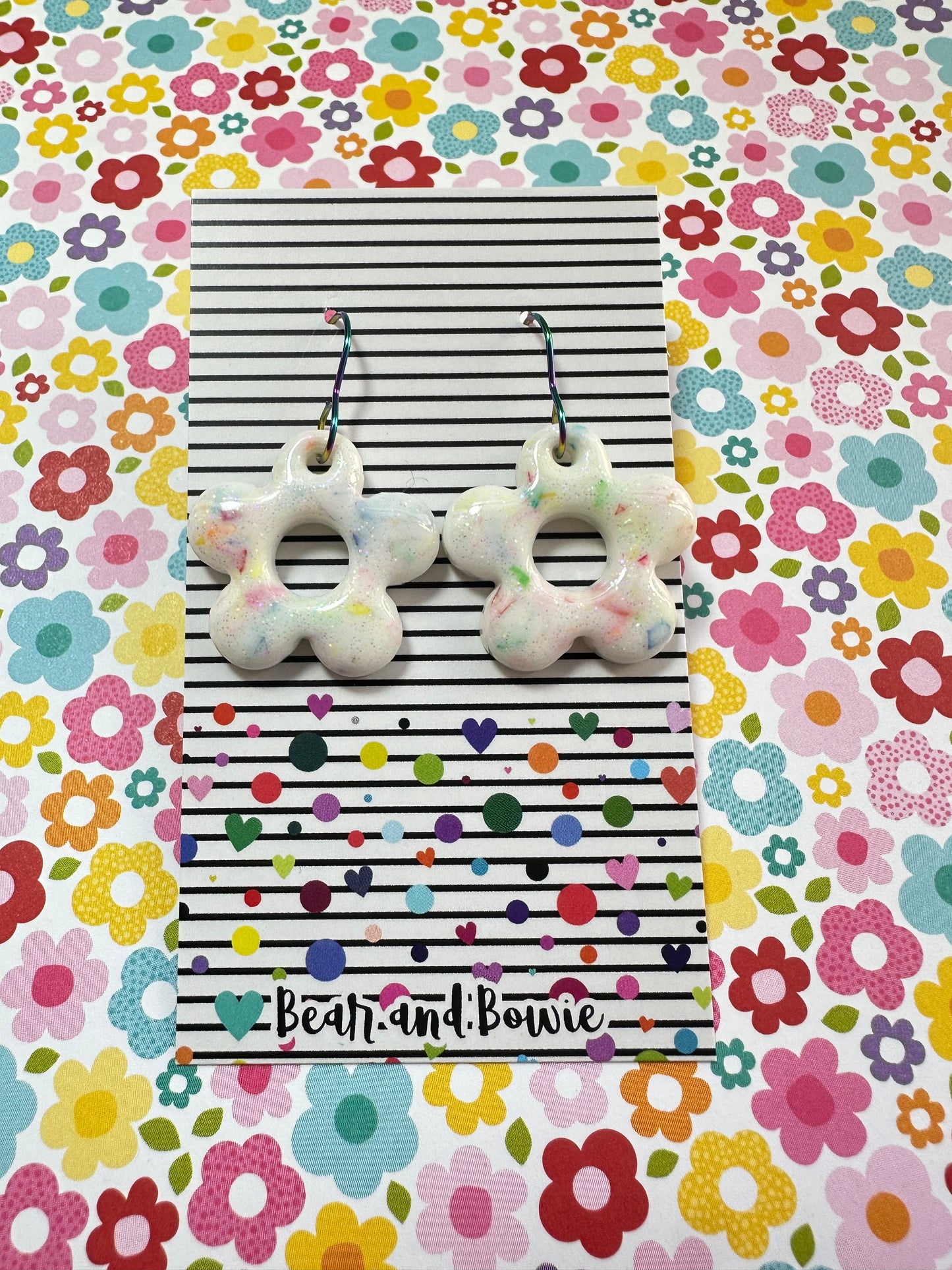 White Funfetti Flower Dangle Earring