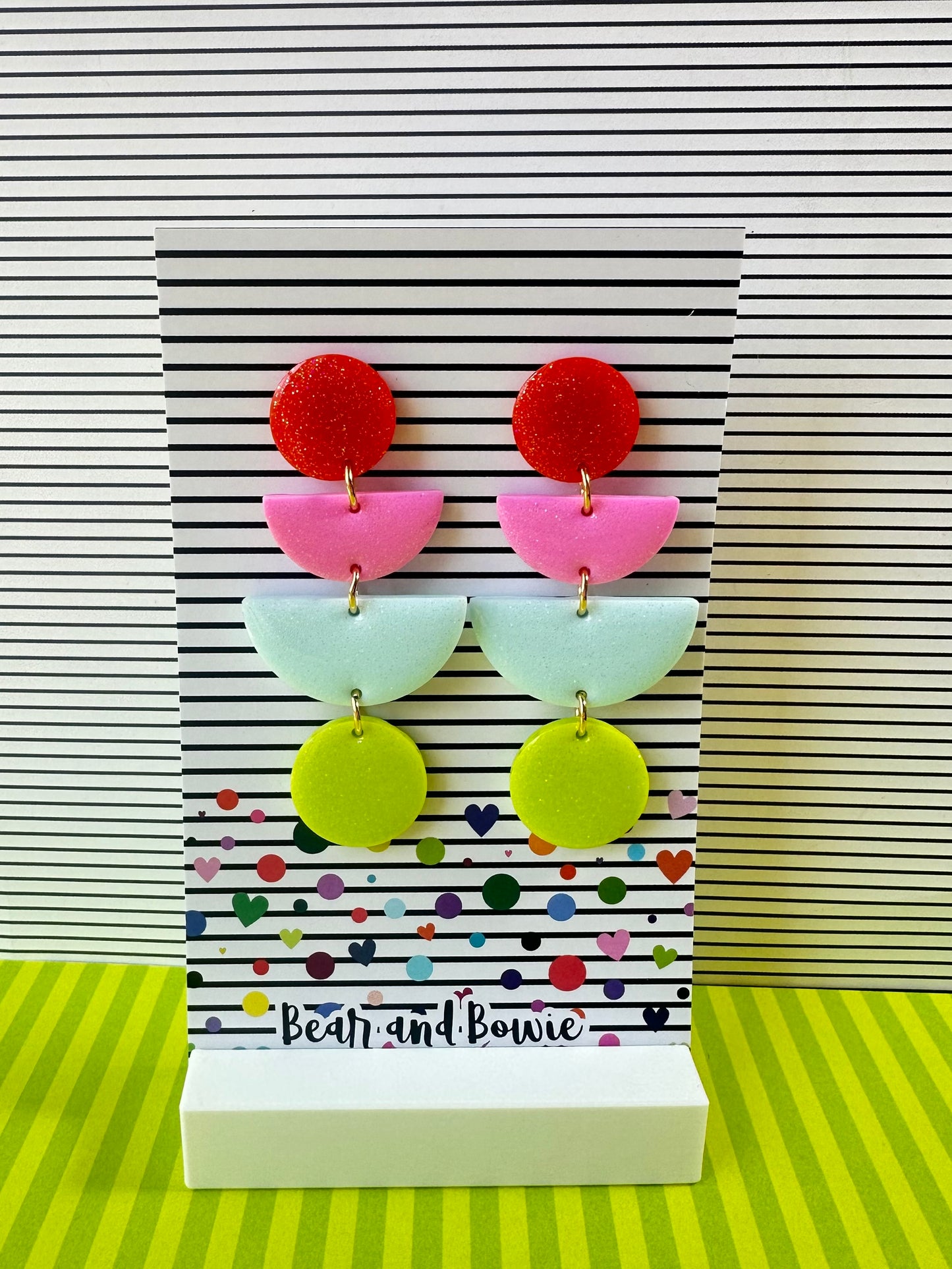 Geometric Statement Earrings - Orange, Pink, Pastel Blue and Bright Green