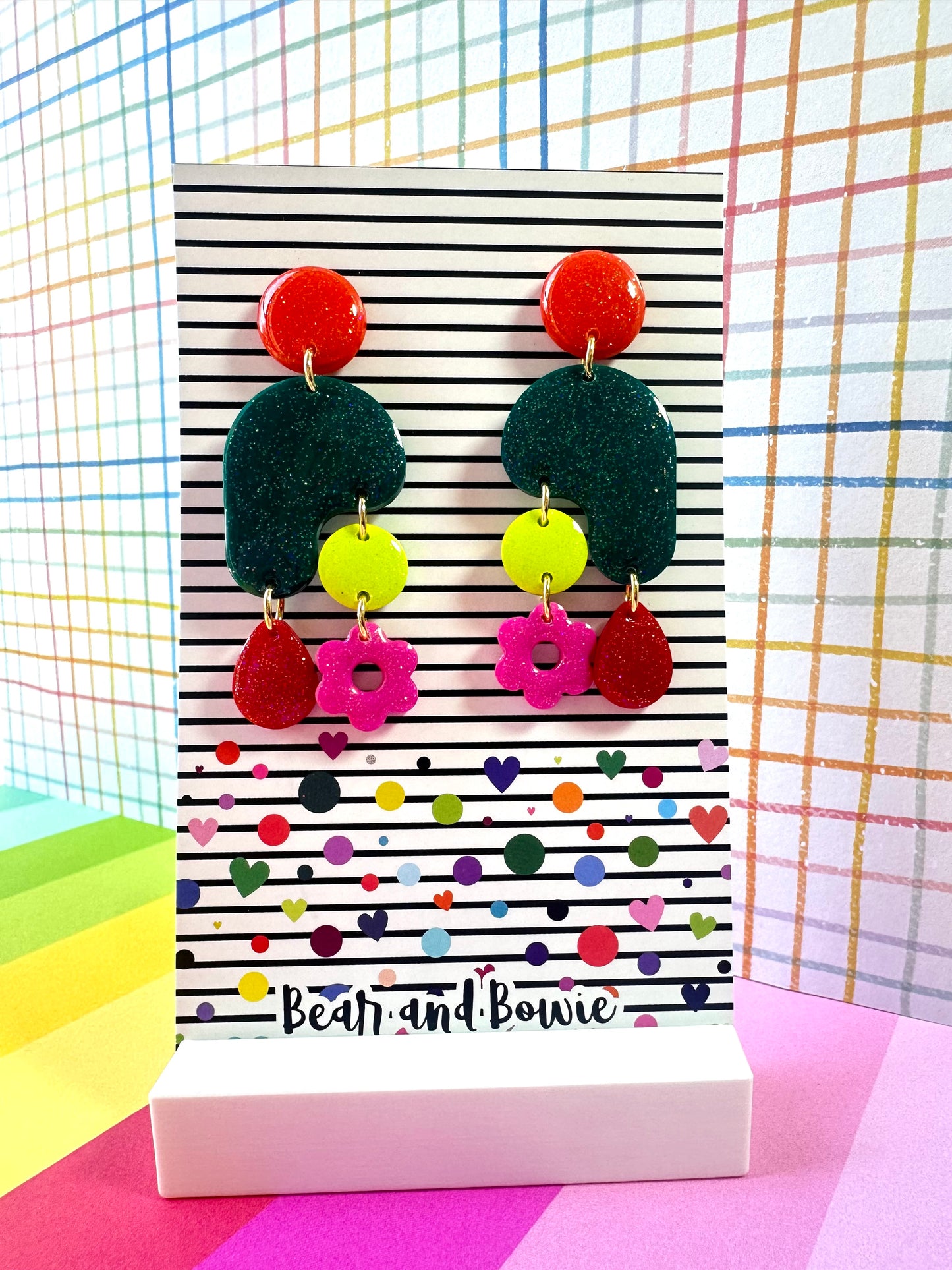 Colorful Multi-Shape Dangle Earrings - Orange, Teal, Green, Pink, Red