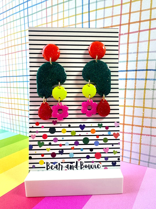 Colorful Multi-Shape Dangle Earrings - Orange, Teal, Green, Pink, Red