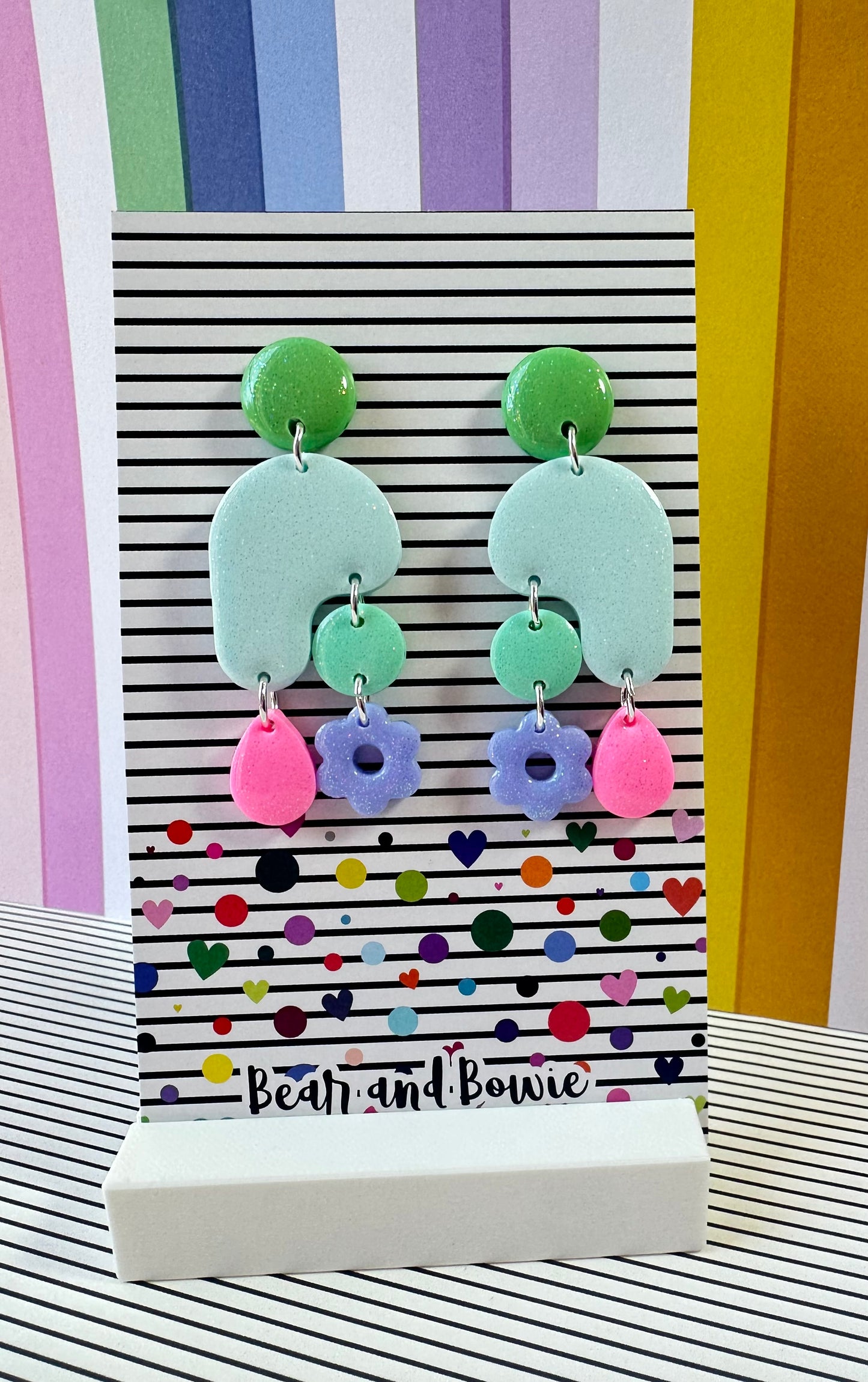 Colorful Multi-Shape Dangle Earrings - Pastel Blue, Pink, Green and Purple