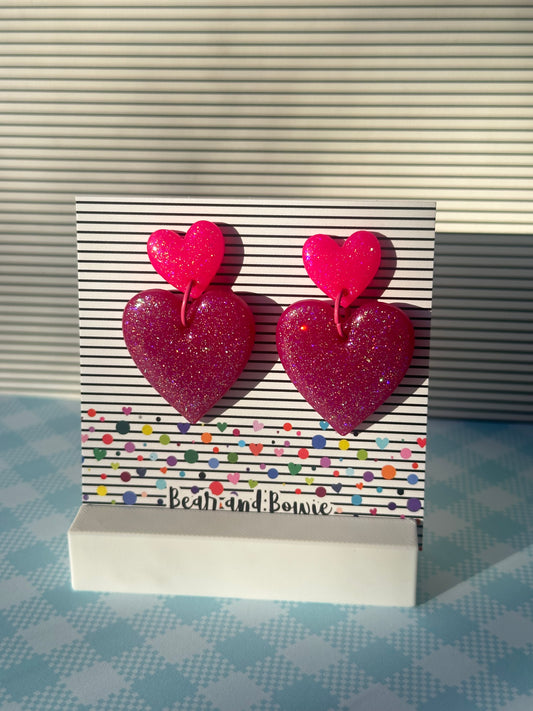 Pink and Dark Magenta Double Heart Earrings