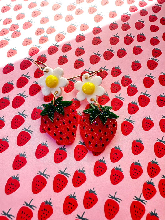 Flower and Strawberry Dangle Earrings