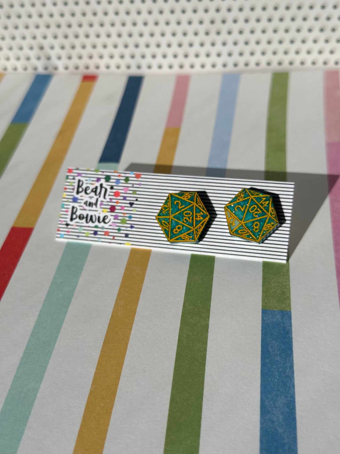 D20 Stud Earrings - Green, Teal, Yellow