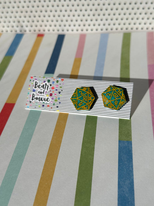 D20 Stud Earrings - Green, Teal, Yellow