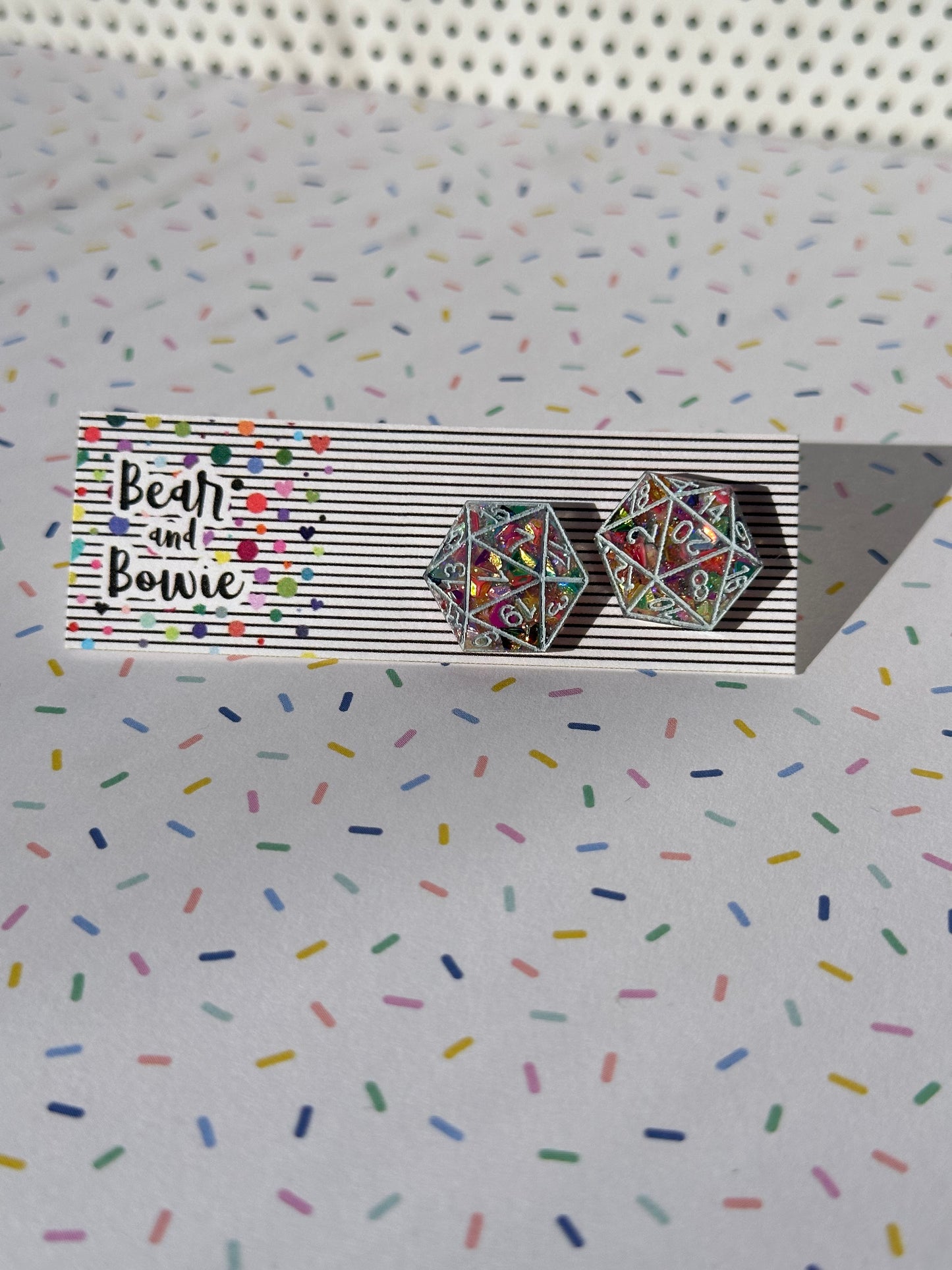 D20 Stud Earrings - Rainbow Glitter