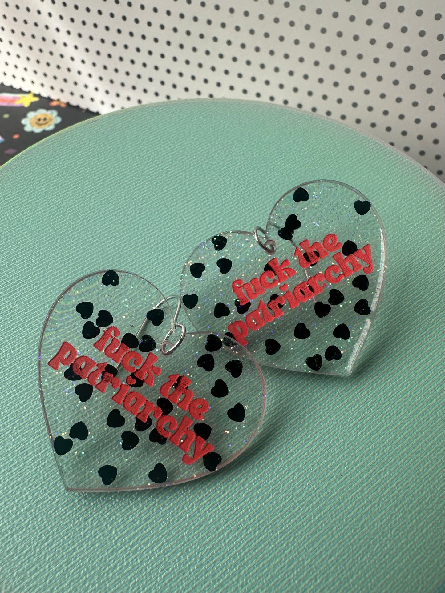 Black Heart Glitter Fuck the Patriarchy Earrings